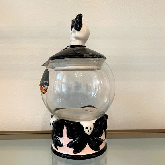 Cobwebs & Cauldrons Halloween Goth Glam Skulls & Bows Round Glass Candy Jar NEW - Picture 7 of 10